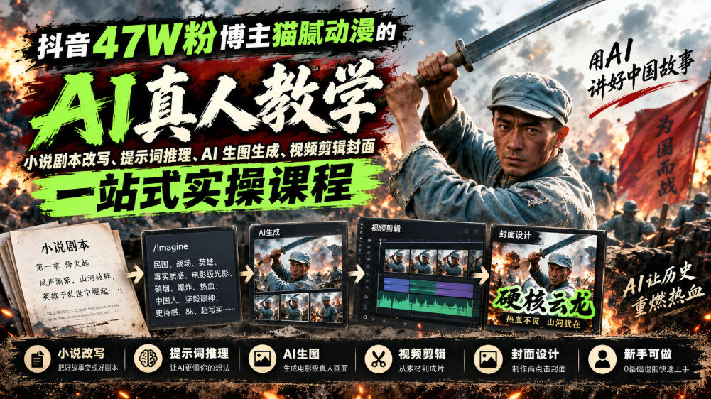 抖音47W粉博主猫腻动漫的AI真人漫剧教学,小说剧本改写、提示词推理、AI生图生成、视频剪辑封面一站式实操课程