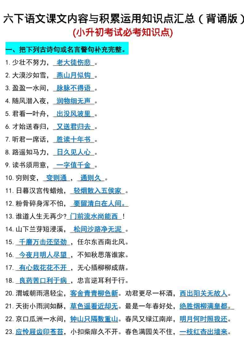 六年级下语文小升初期末必考知识点