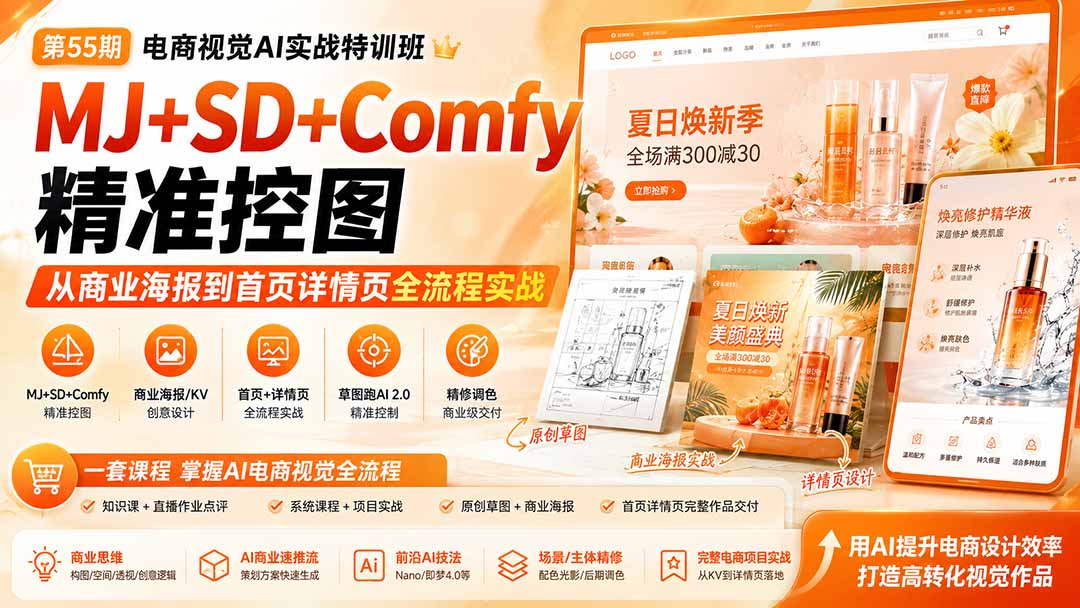 电商视觉 AI实战训练营第55期：MJ+SD+Comfy精准控图，从商业海报到首页详情页全流程实战