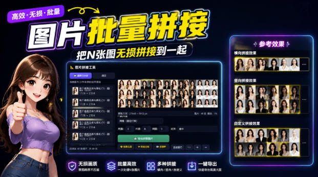 图片批量拼接,把N张图无损拼接到一起,支持横向、竖向、自定义等功能
