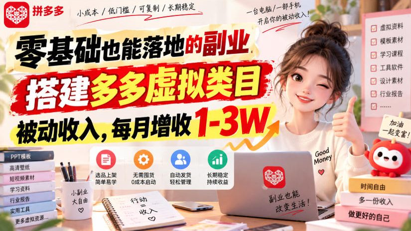零基础也能落地的副业,搭建多多虚拟类目被动收入,每月增收1-3W【揭秘】