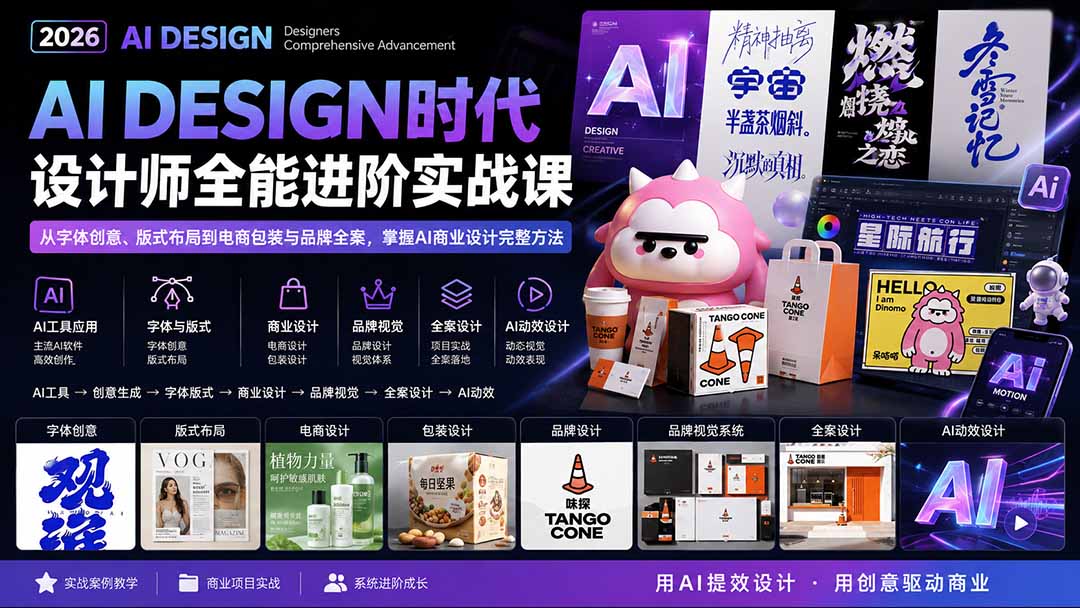 2026AI DESIGN时代设计师全能进阶实战课：从字体创意、版式布局到电商包装与品牌全案，掌握AI商业设计完整方法