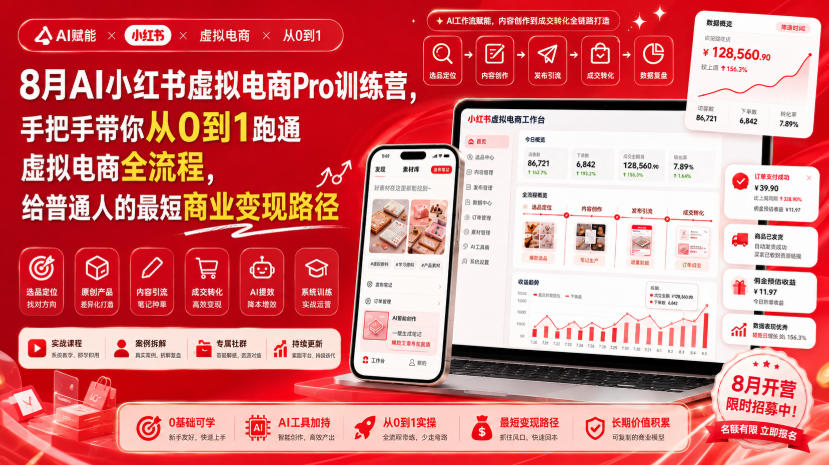 8月AI小红书虚拟电商Pro训练营，手把手带你从0到1跑通虚拟电商全流程，给普通人的最短商业变现路径(更新0827)