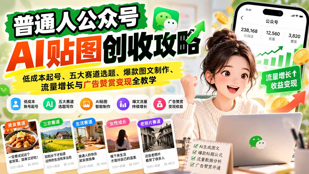 普通人公众号AI贴图创收攻略：低成本起号、五大赛道选题、爆款图文制作、流量增长与广告赞赏变现全教学