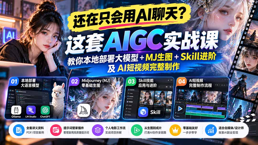 【无水印】还在只会用AI聊天？这套AIGC实战课教你本地部署大模型+MJ生图+Skill进阶及AI短视频完整制作