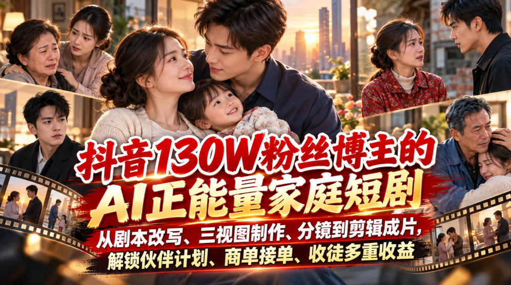 抖音130W粉丝博主的AI正能量家庭短剧,从剧本改写、三视图制作、分镜到剪辑成片,解锁伙伴计划、商单接单、收徒多重收益(更新1007)