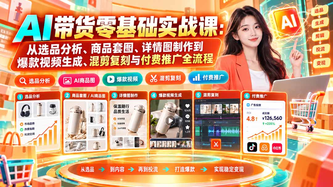 AI带货零基础实战课：从选品分析、商品套图、详情图制作到爆款视频生成、混剪复刻与付费推广全流程