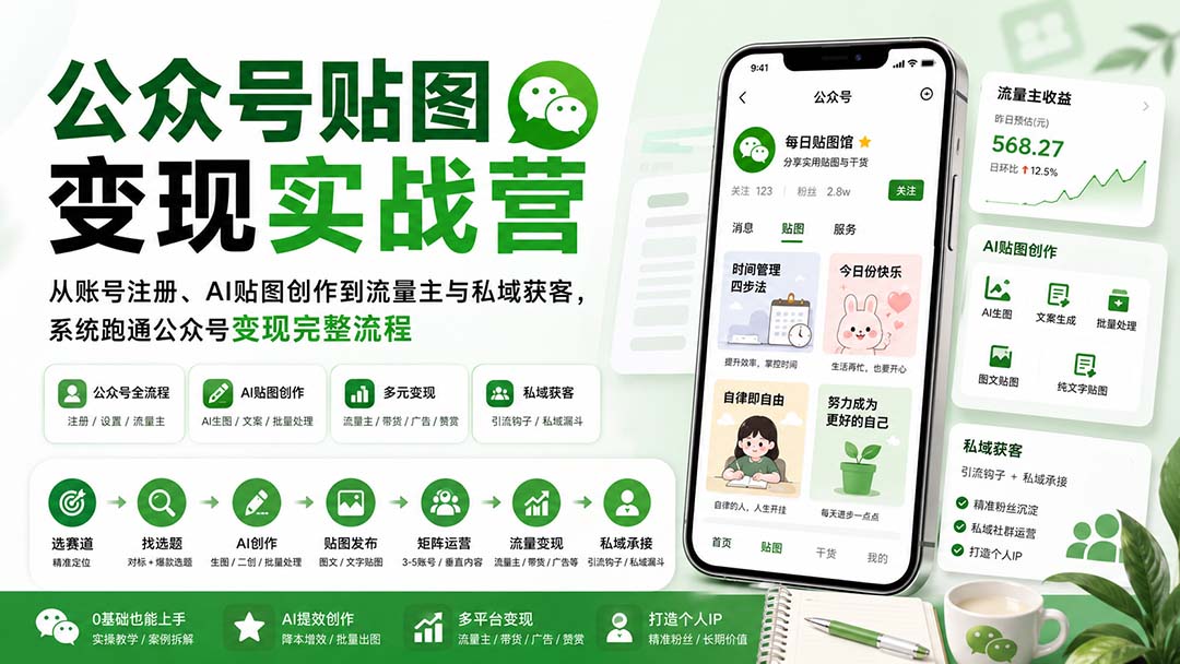 公众号贴图变现实战营：从账号注册、AI贴图创作到流量主与私域获客，系统跑通公众号变现完整流程
