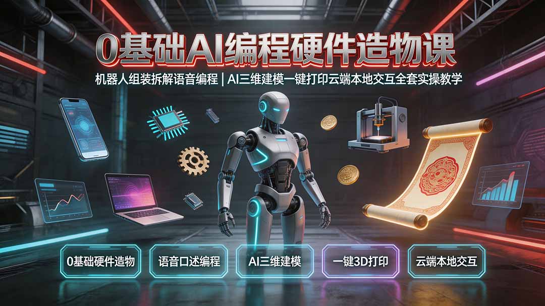 0基础AI编程硬件造物课｜机器人组装拆解语音编程，AI三维建模一键打印云端本地交互全套实操教学