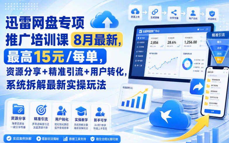 迅雷网盘专项推广培训课8月最新,最高15米/每单,资源分享+精准引流+用户转化,系统拆解最新实操玩法(更新0824)