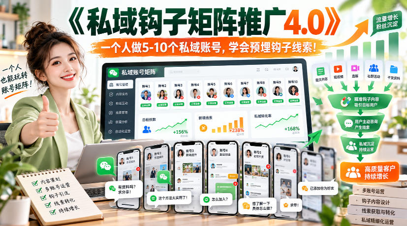 【无水印】《私域钩子矩阵推广4.0》一个人做5-10个私域账号，学会预埋钩子线索！