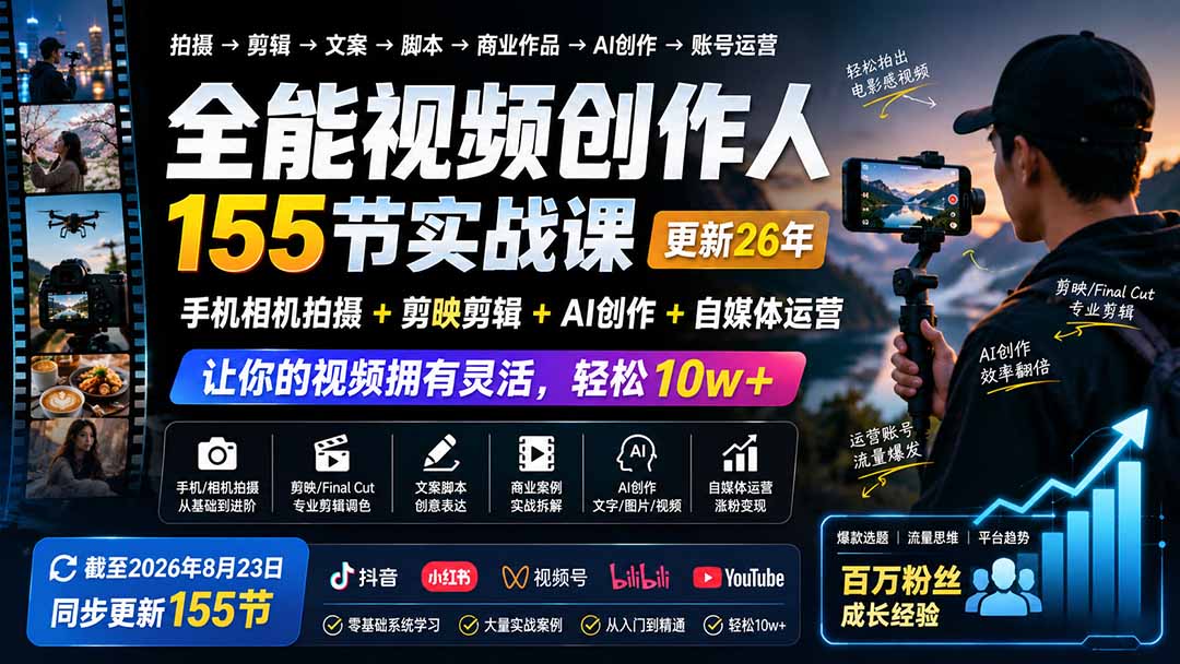 全能视频创作人155节实战课-更新26年8月：手机相机拍摄+剪映剪辑+AI创作+自媒体运营，让你的视频拥有灵活，轻松10w