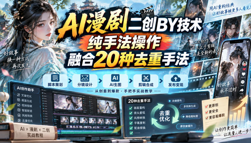 AI漫剧二创搬运技术,纯手法操作,融合20种去重手法