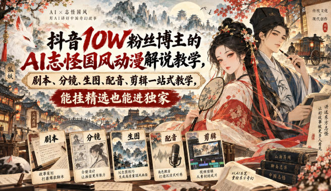 抖音10W粉丝博主满堂诡事的AI志怪国风动漫解说教学,剧本、分镜、生图、配音、剪辑一站式教学,能挂精选也能进独家