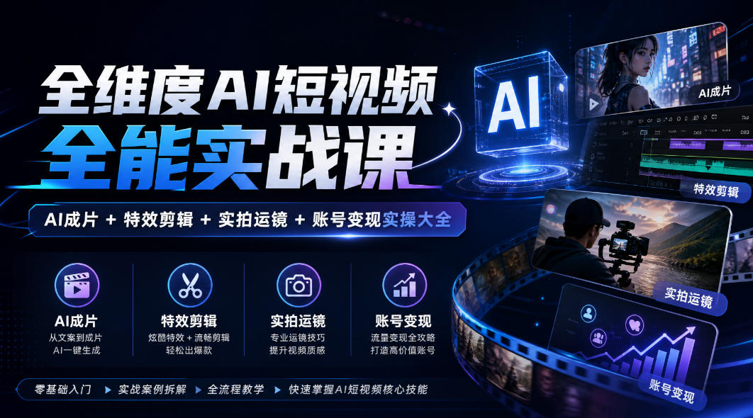 全维度AI短视频全能实战课,AI成片+特效剪辑+实拍运镜+账号变现实操大全