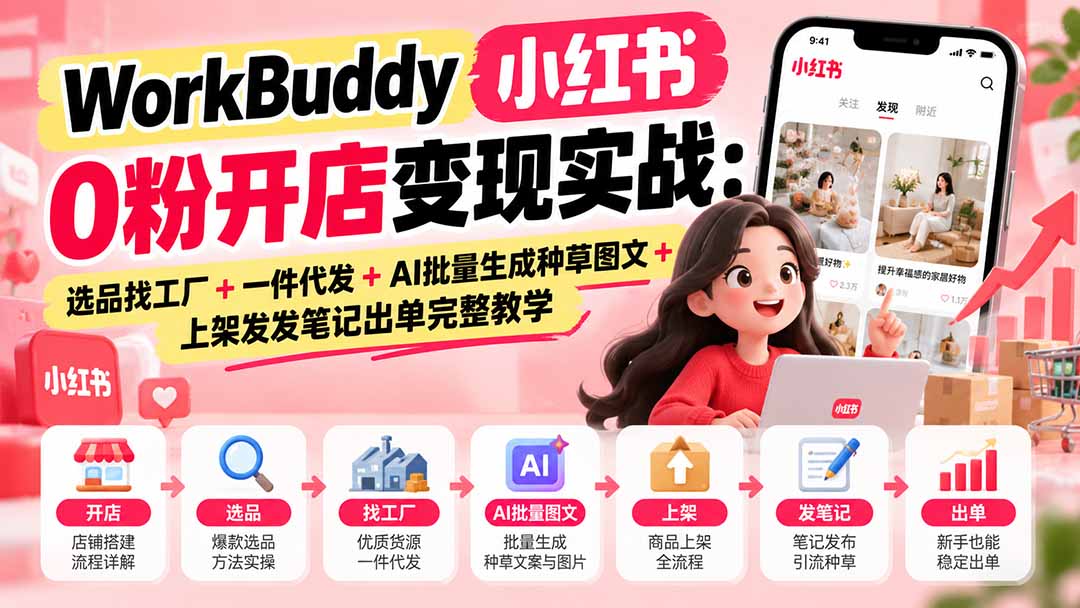 WorkBuddy小红书0粉开店变现实战：选品找工厂+一件代发+AI批量生成种草图文+上架发发笔记出单完整教学