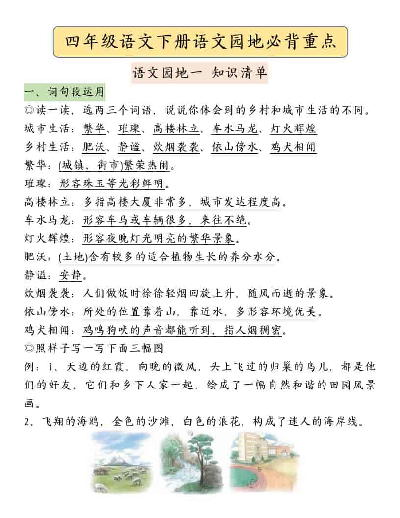 四年级下语文园地必背重点考点总结