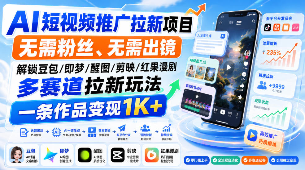 AI短视频推广拉新项目,无需粉丝、无需出镜,解锁豆包/即梦/醒图/剪映/红果漫剧多赛道拉新玩法,一条作品变现1K+
