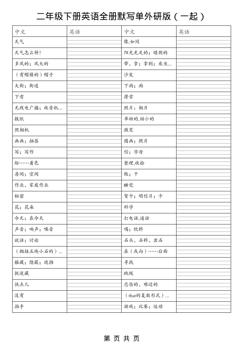 二年级下英语全册默写单（看中写英）《外研版（一起）》
