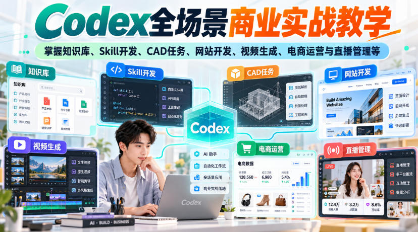 Codex全场景商业实战教学，掌握知识库、Skill开发、CAD任务、网站开发、视频生成、电商运营与直播管理等(更新1010)