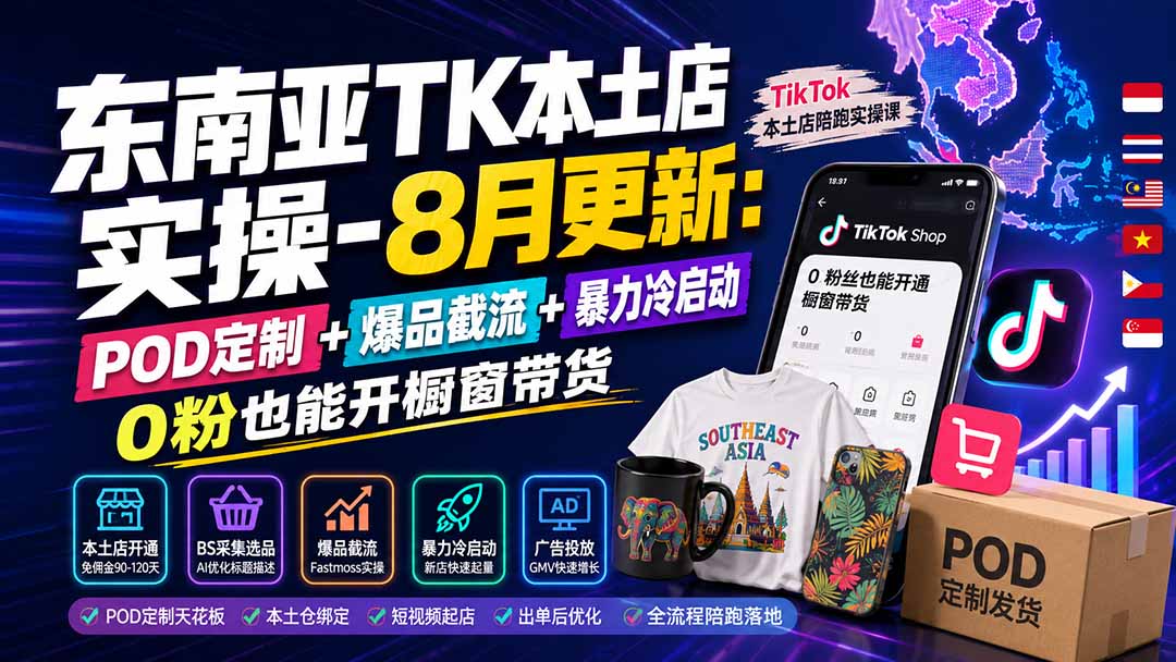 东南亚TK本土店实操-8月更新：POD定制+爆品截流+暴力冷启动，0粉也能开橱窗带货