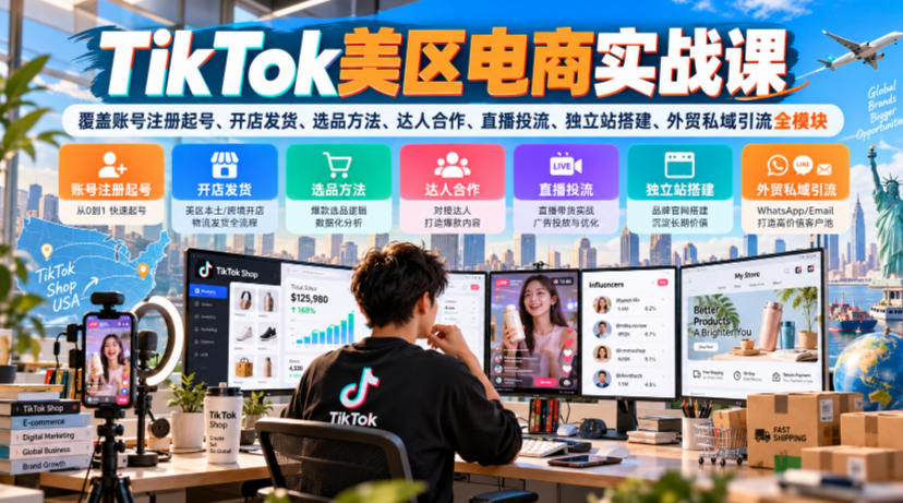 TikTok美区电商实战课,覆盖账号注册起号、开店发货、选品方法、达人合作、直播投流、独立站搭建、外贸私域引流全模块