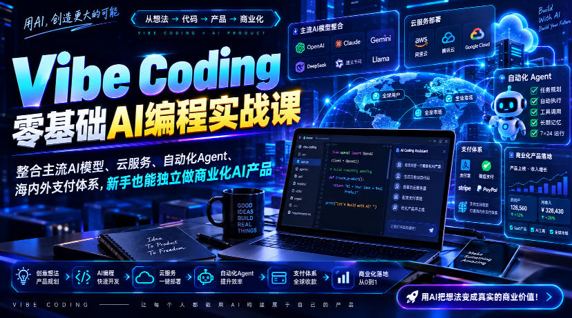 Vibe Coding零基础AI编程实战课-无水印,整合主流AI模型、云服务、自动化Agent、海内外支付体系,新手也能独立做商业化AI产品