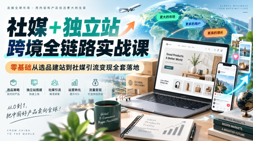 社媒+独立站跨境全链路实战课|零基础从选品建站到社媒引流变现全套落地