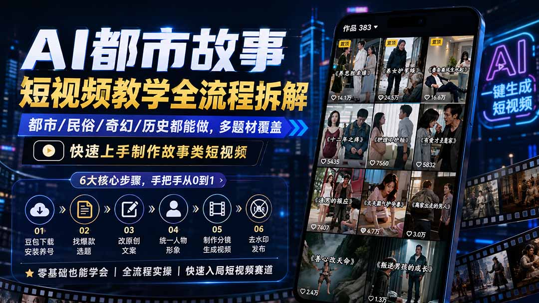 AI都市故事短视频教学全流程拆解；都市/民俗/奇幻/历史都能做多题材覆盖，快速上手制作故事类短视频