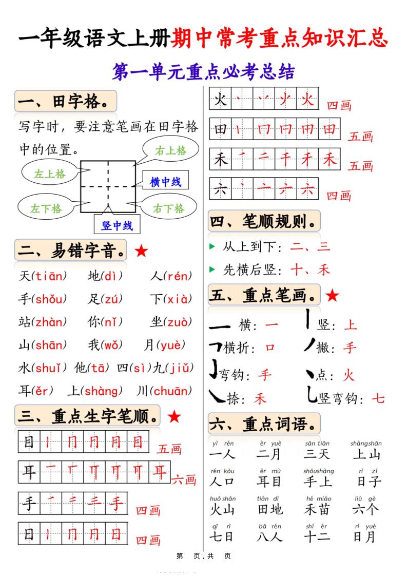 新一上语文1-4单元期中常考重点知识汇总8页