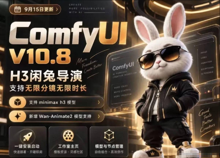 ComfyUI V10.8中文整合包，H3闲兔导演，支持无限分镜无限时长，1000+工作流，动作迁移，角色替换，视频一致性，口型同步，低显存可用