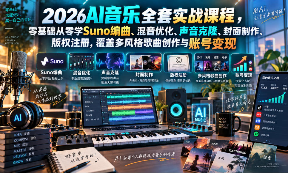 2026AI音乐实战课程，零基础从零学Suno编曲、混音优化、声音克隆、版权注册，覆盖多风格歌曲创作与账号变现(更新0924)
